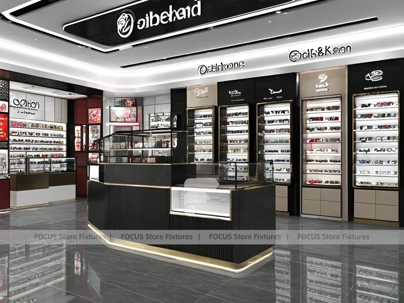 Luxury Black Eyewear Prestige Store with Curved Reception Showcase