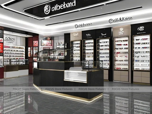 Luxury Black Eyewear Prestige Store with Curved Reception Showcase