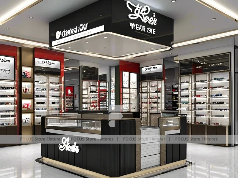 Luxury Black Eyewear Prestige Store with Curved Reception Showcase