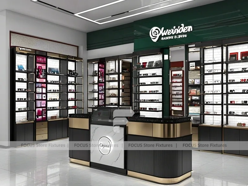 Luxury Black Eyewear Prestige Store with Curved Reception Showcase