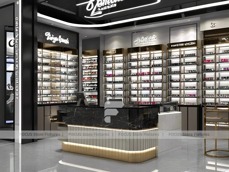 Luxury Black Optical Luxury Boutique with Curved Reception Showcase