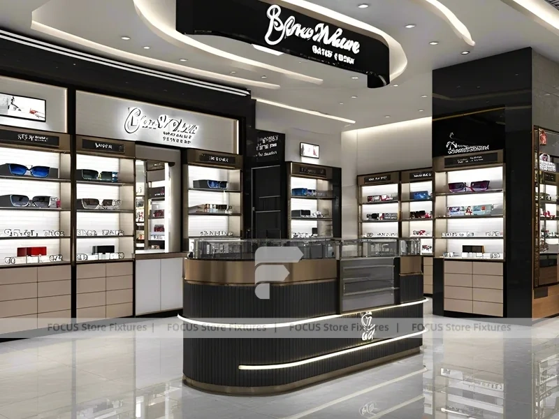 Luxury Black Optical Luxury Boutique with Curved Reception Showcase