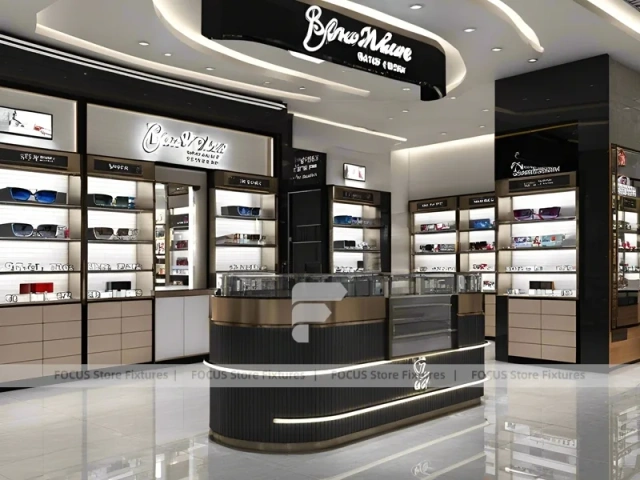 Luxury Black Optical Luxury Boutique with Curved Reception Showcase