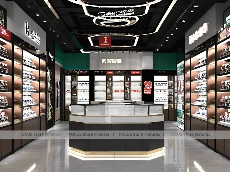 Luxury Black Vision Flagship Interior with Curved Reception Showcase