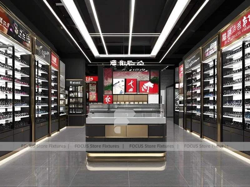 Luxury Black Vision Flagship Interior with Curved Reception Showcase