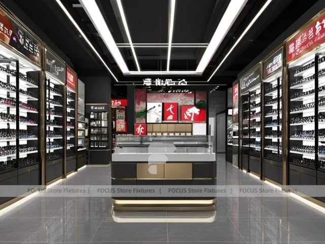 Luxury Black Vision Flagship Interior with Curved Reception Showcase