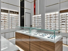 Modular White Eyewear Retail Layout with Black Core Tower