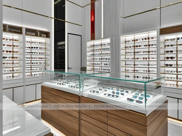 Modular White Eyewear Retail Layout with Black Core Tower