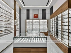Modular White Eyewear Retail Layout with Black Core Tower