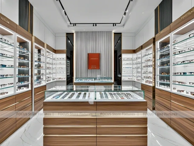Modular White Eyewear Retail Layout with Black Core Tower
