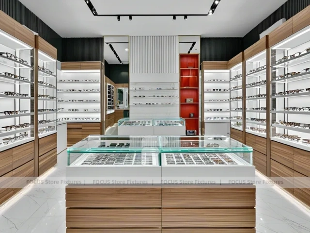 Modular White Eyewear Retail Layout with Black Core Tower