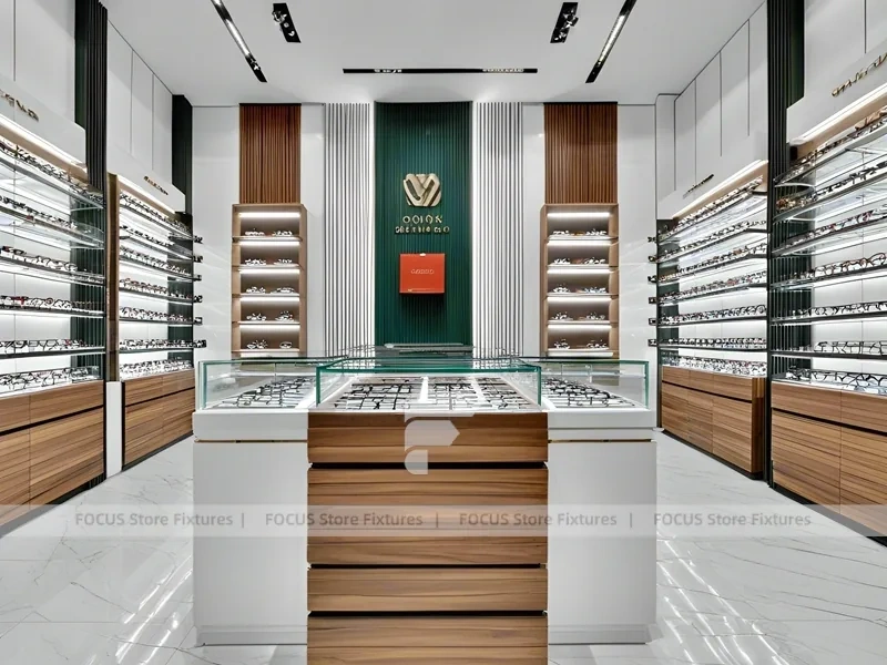Modular White Eyewear Retail Layout with Black Core Tower