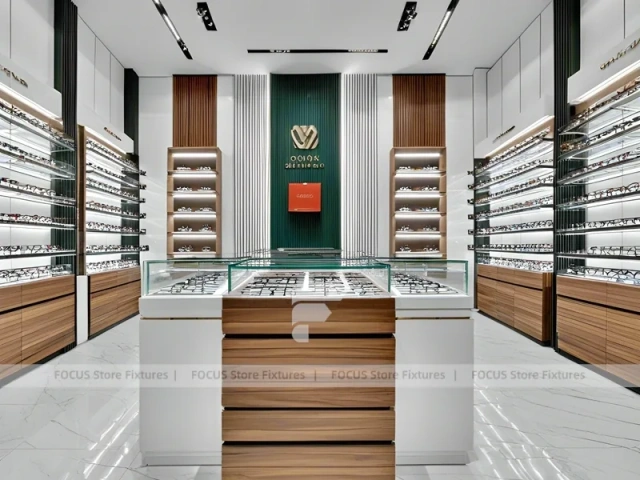 Modular White Eyewear Retail Layout with Black Core Tower