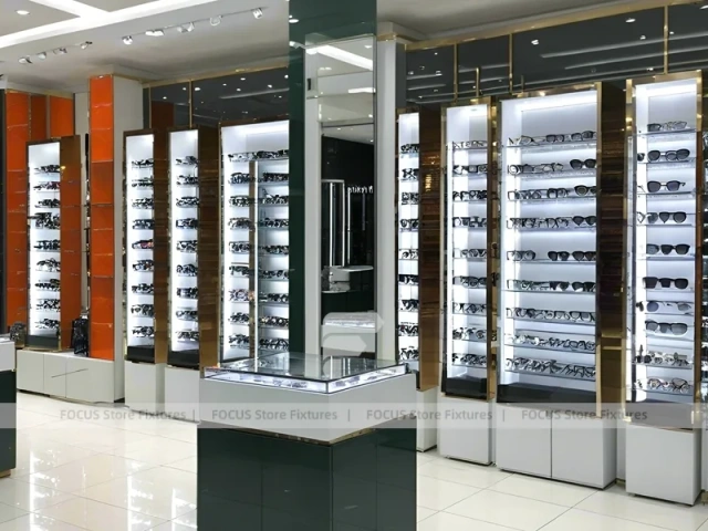 Orange Accent Eyewear Column Gallery with Illuminated Pillar Towers