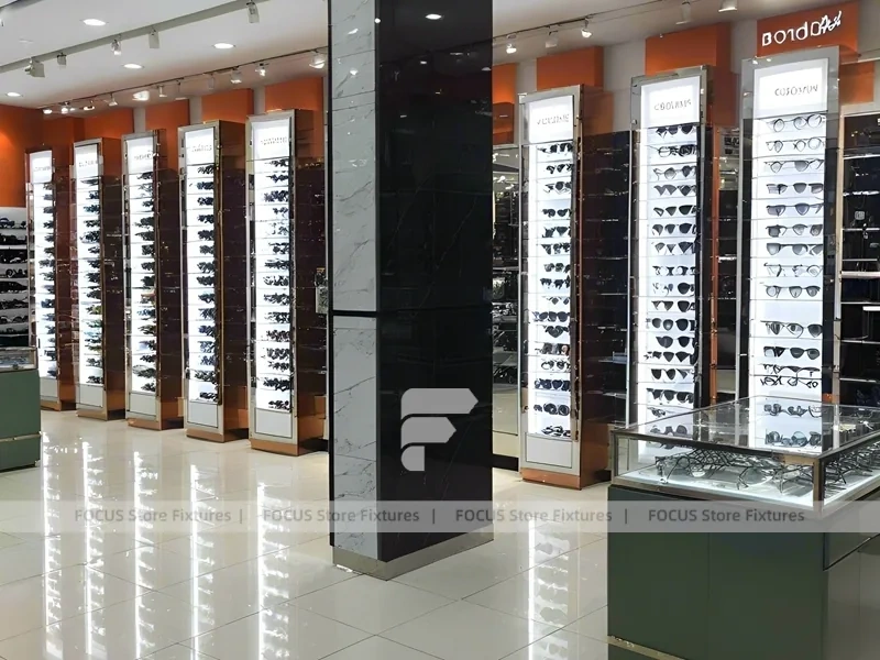 Orange Accent Eyewear Column Gallery with Illuminated Pillar Towers