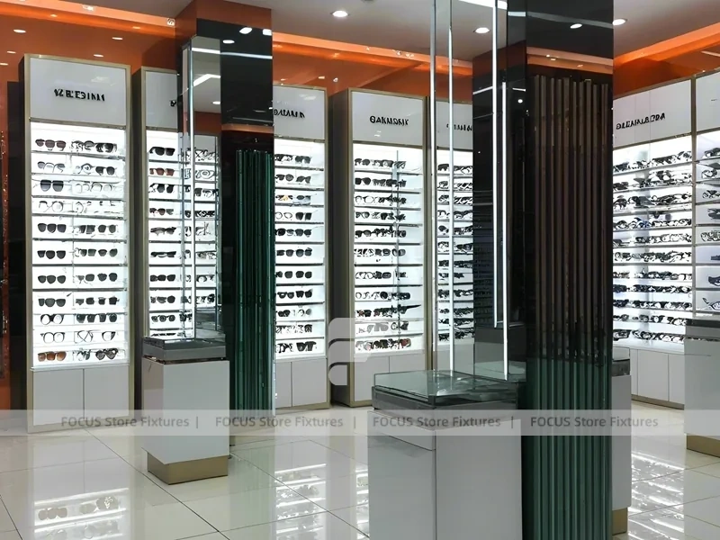 Orange Accent Eyewear Column Gallery with Illuminated Pillar Towers