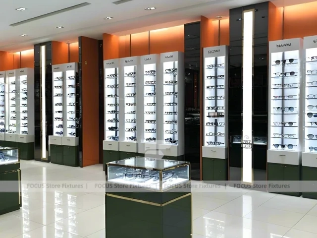 Orange Accent Eyewear Column Gallery with Illuminated Pillar Towers