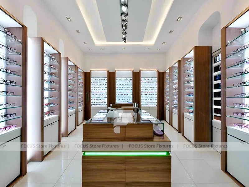 Pastel Blush Eyewear Styling Room with Round Pink Pedestals