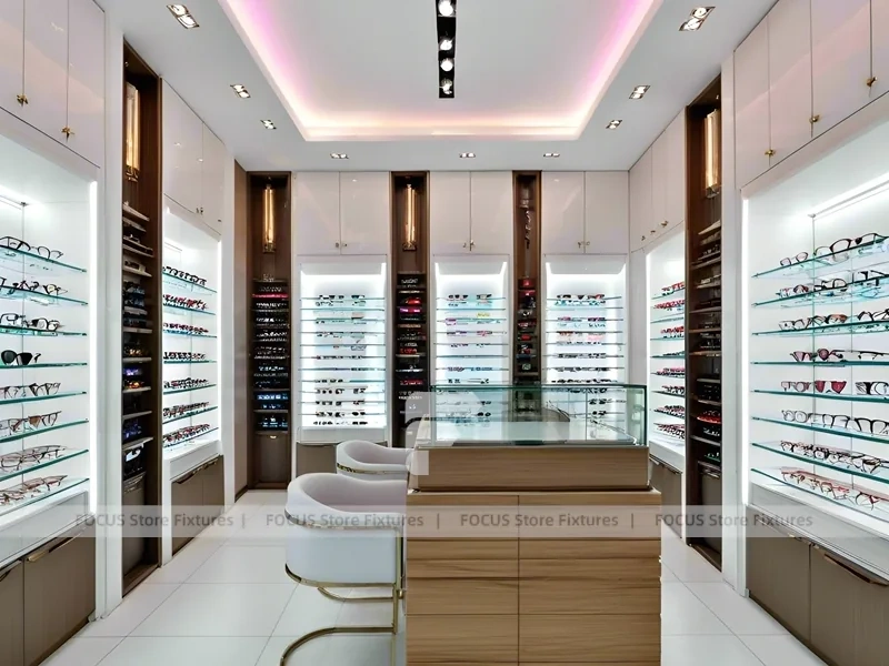 Pastel Blush Eyewear Styling Room with Round Pink Pedestals