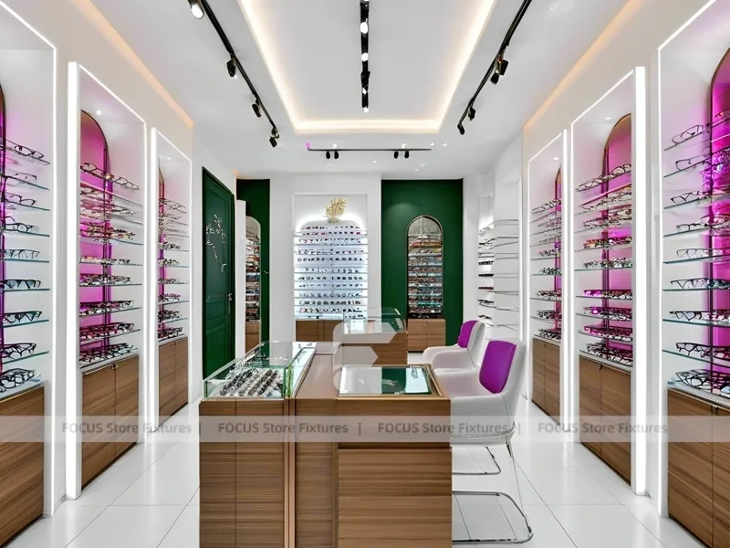 Pastel Blush Eyewear Styling Room with Round Pink Pedestals