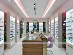 Pastel Blush Eyewear Styling Room with Round Pink Pedestals
