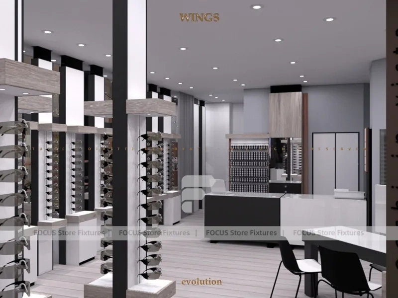 Pastel Mint Eyewear Retail Interior with Rounded Entry Portal