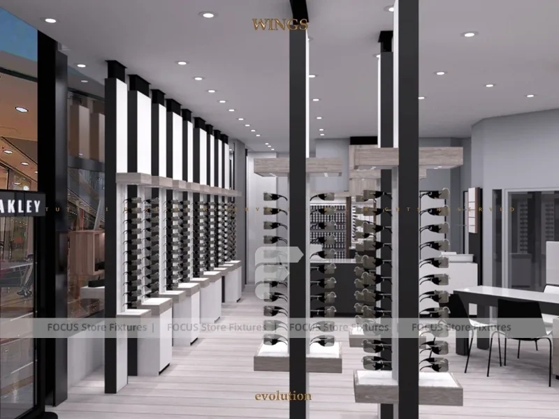 Pastel Mint Eyewear Retail Interior with Rounded Entry Portal