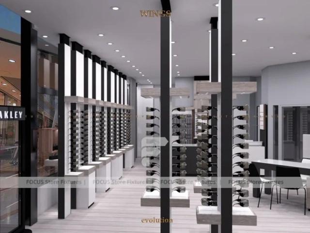 Pastel Mint Eyewear Retail Interior with Rounded Entry Portal