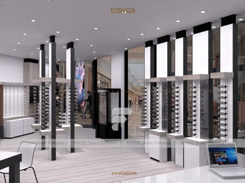 Pastel Mint Eyewear Retail Interior with Rounded Entry Portal