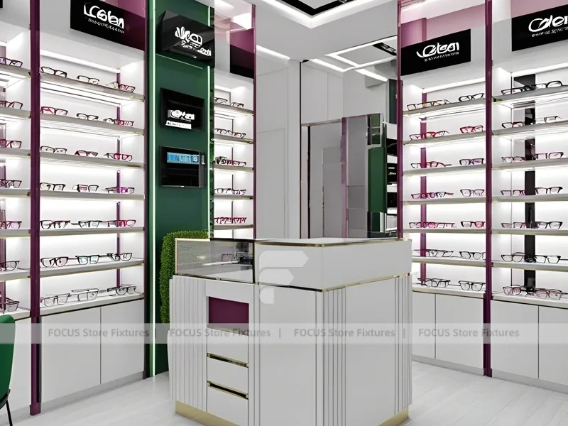 Plum Accent Eyewear Wall Gallery with Plum Vertical Panels