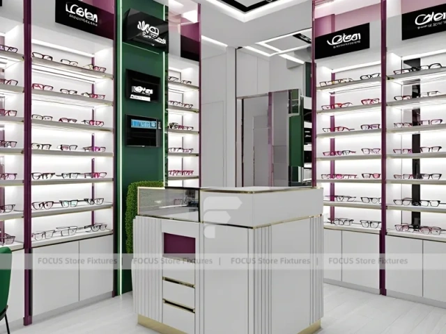Plum Accent Eyewear Wall Gallery with Plum Vertical Panels