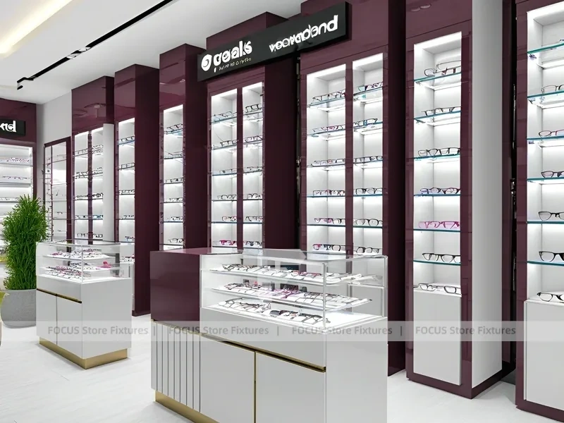 Plum Accent Eyewear Wall Gallery with Plum Vertical Panels