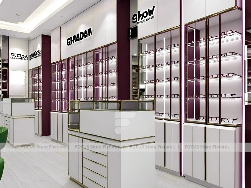 Plum Accent Eyewear Wall Gallery with Plum Vertical Panels