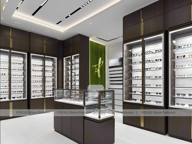 Plum Accent Optical Boutique Display with Plum Vertical Panels