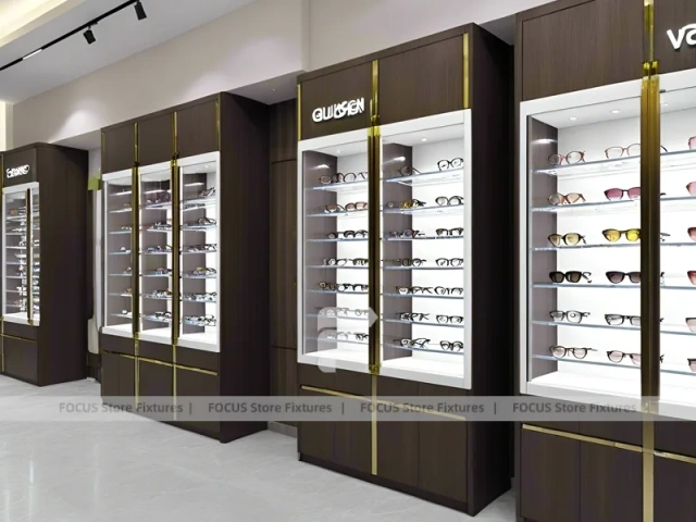 Plum Accent Optical Boutique Display with Plum Vertical Panels