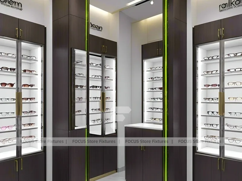 Plum Accent Optical Boutique Display with Plum Vertical Panels