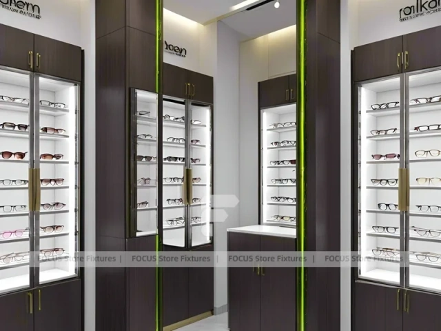 Plum Accent Optical Boutique Display with Plum Vertical Panels