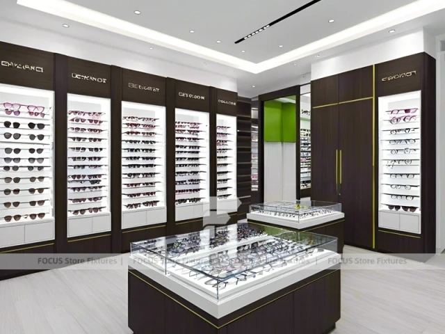 Plum Accent Optical Boutique Display with Plum Vertical Panels