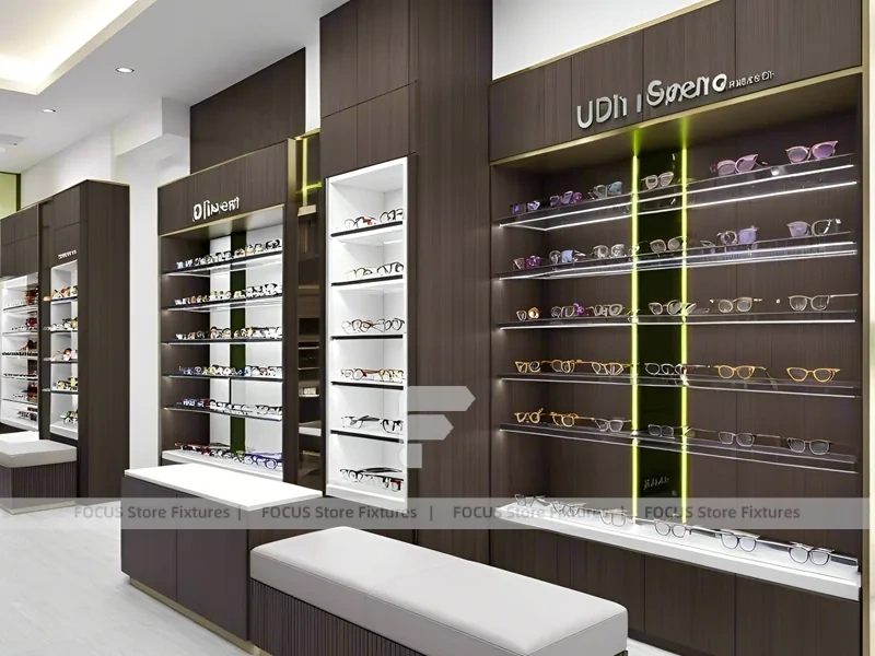 Plum Accent Optical Boutique Display with Plum Vertical Panels