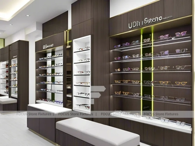 Plum Accent Optical Boutique Display with Plum Vertical Panels