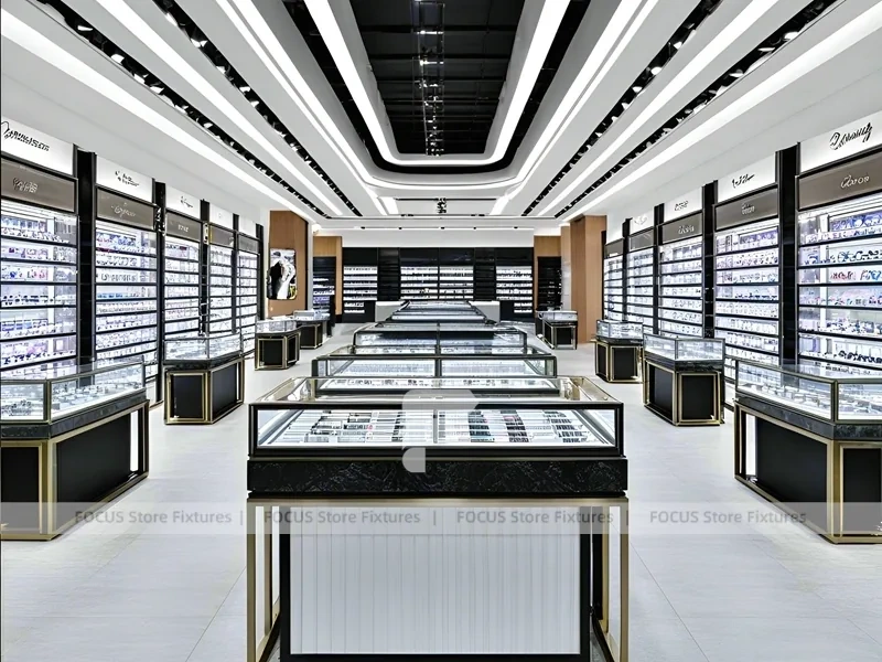 Precision Black Optical Display Corridor with Open Feature Spine
