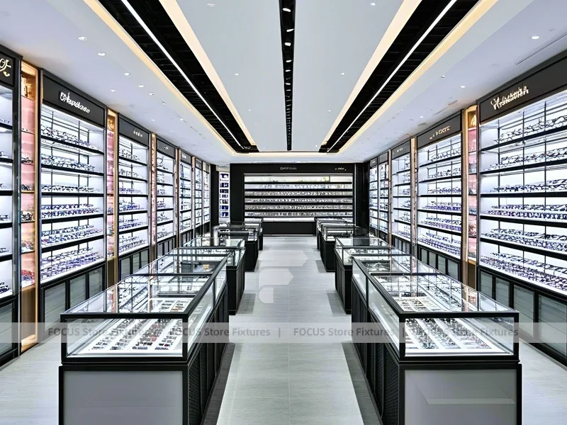 Precision Black Optical Display Corridor with Open Feature Spine