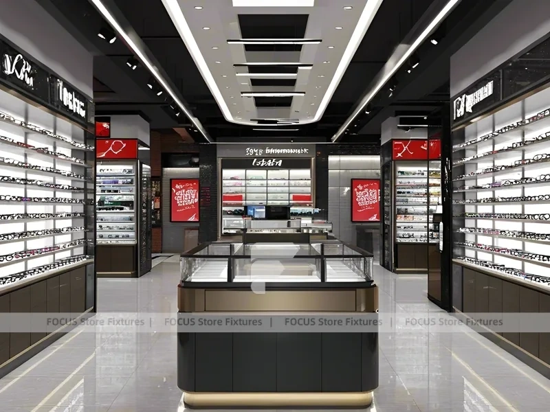 Premium Charcoal Eyewear Prestige Store with Ring-Lit Ceiling Feature