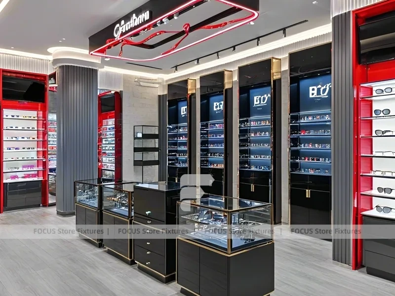 Red Accent Optical Concept Store with High-Contrast Wall Display