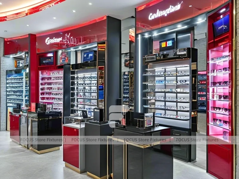 Red Accent Optical Concept Store with High-Contrast Wall Display