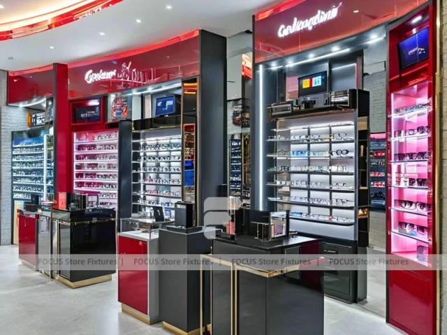 Red Accent Optical Concept Store with High-Contrast Wall Display