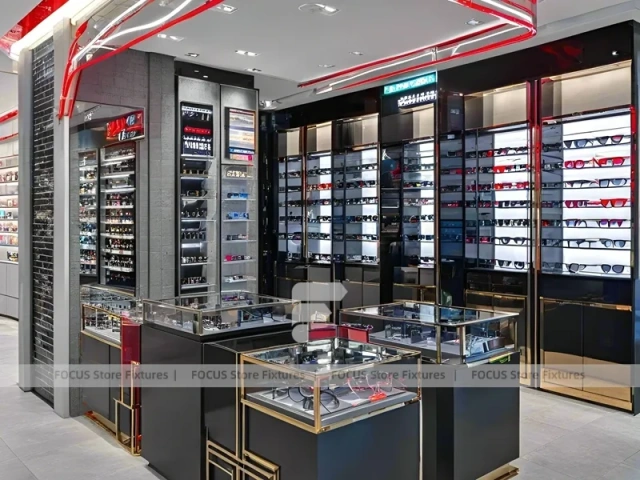 Red Accent Optical Concept Store with High-Contrast Wall Display