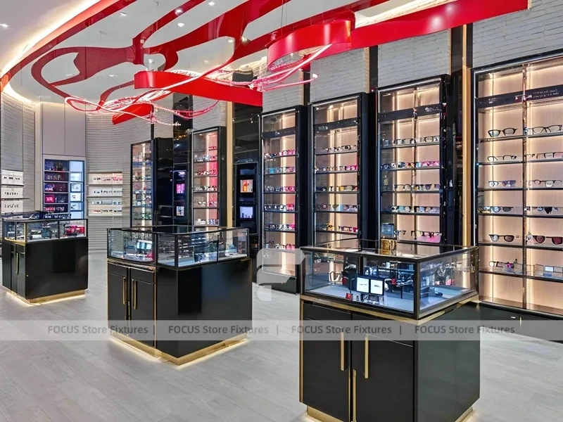 Red Accent Optical Concept Store with High-Contrast Wall Display