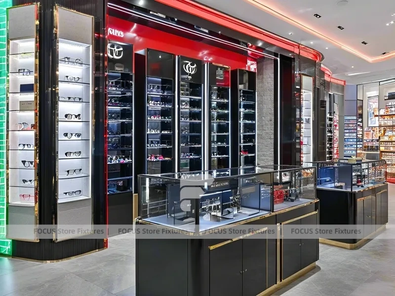 Red Accent Optical Concept Store with High-Contrast Wall Display
