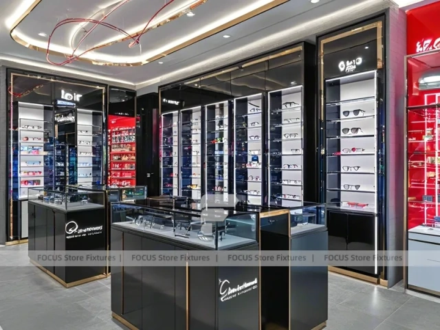 Red Accent Optical Concept Store with High-Contrast Wall Display